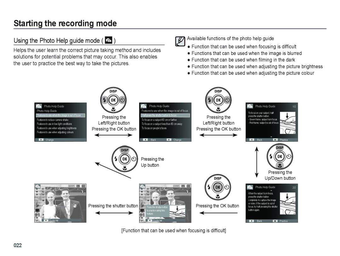 Samsung EC-PL60ZODP/ME, EC-PL60ZPBP/FR, EC-PL60ZBBP/FR, EC-PL60ZSBP/FR, EC-PL60ZABP/FR manual Using the Photo Help guide mode 