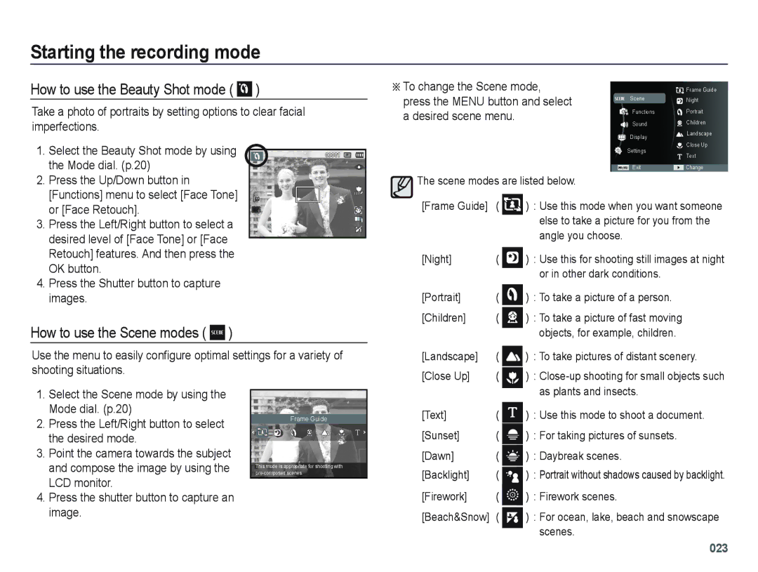 Samsung EC-PL60ZEDP/ME manual How to use the Beauty Shot mode, How to use the Scene modes, Mode dial. p.20, Desired mode 