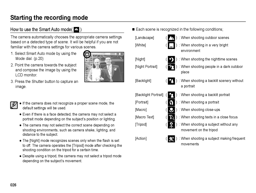 Samsung EC-PL60ZSBP/VN manual How to use the Smart Auto mode, Each scene is recognized in the following conditions 