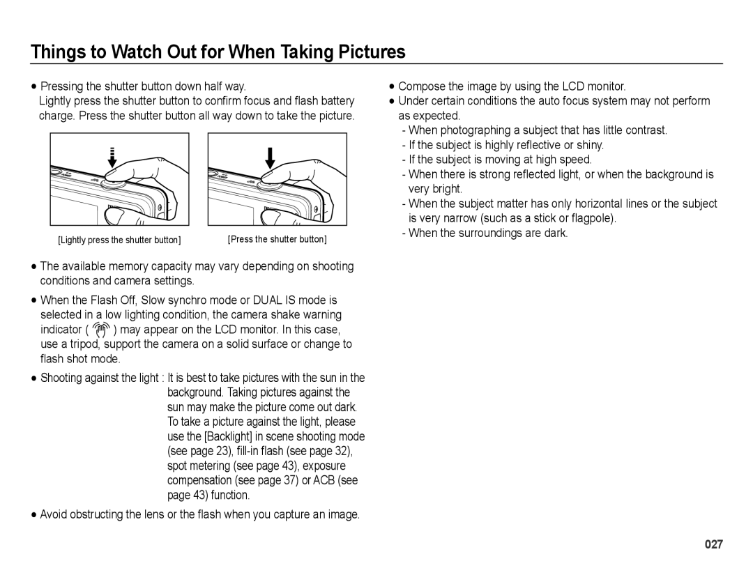 Samsung EC-PL60ZEBP/VN manual Things to Watch Out for When Taking Pictures, Pressing the shutter button down half way 