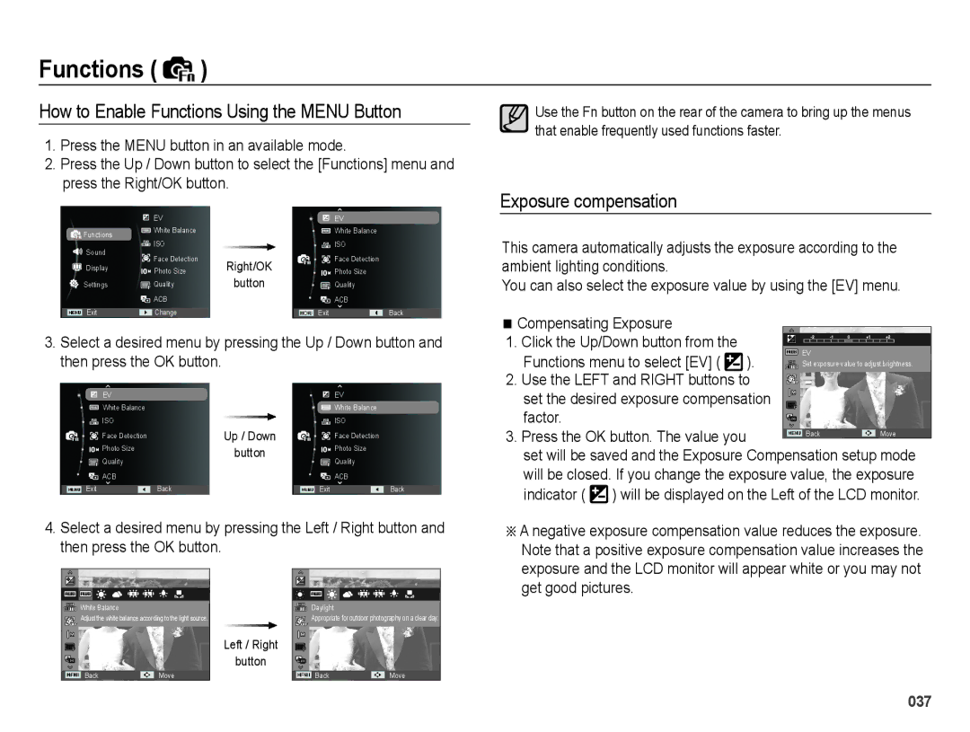 Samsung EC-PL60ZBBP/E2, EC-PL60ZPBP/FR, EC-PL60ZBBP/FR How to Enable Functions Using the Menu Button, Exposure compensation 