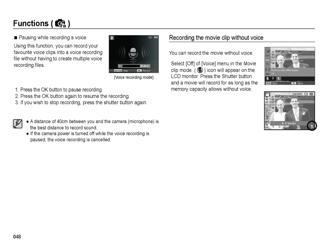 Samsung EC-PL60ZBBP/FR, EC-PL60ZPBP/FR manual Recording the movie clip without voice, Pausing while recording a voice 