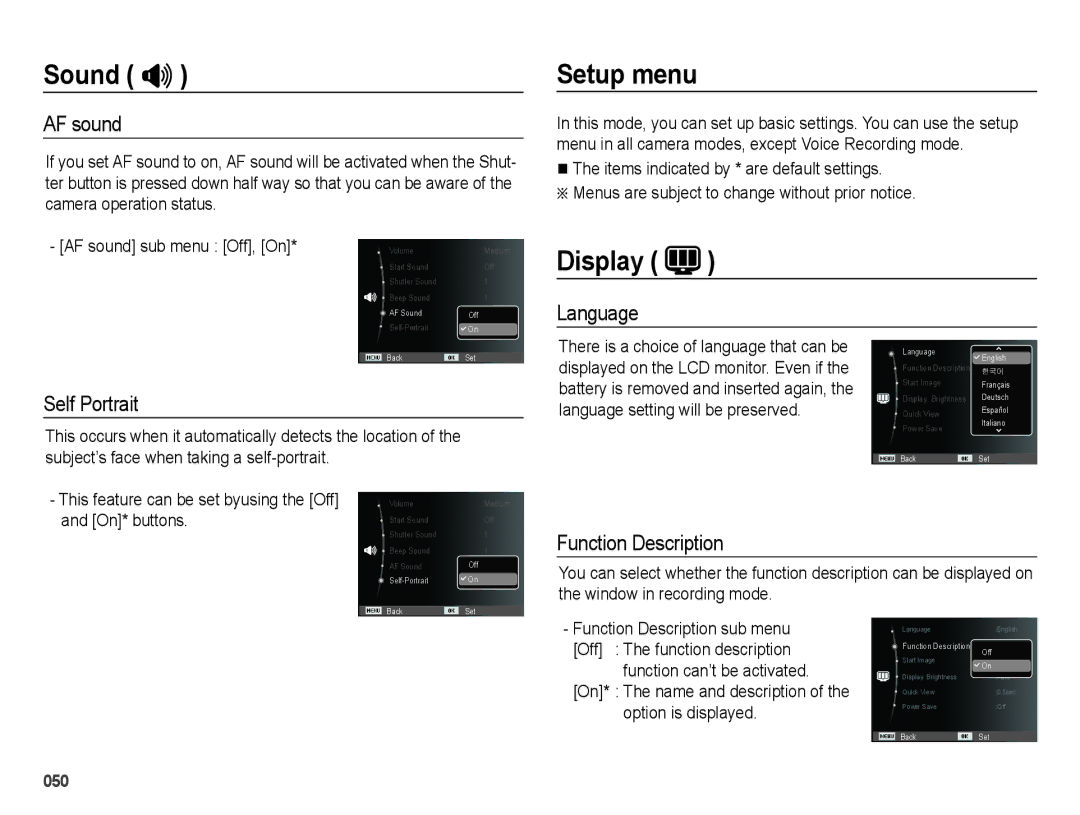 Samsung EC-PL60ZABP/FR, EC-PL60ZPBP/FR, EC-PL60ZBBP/FR, EC-PL60ZSBP/FR, EC-PL60ZOBP/FR, EC-PL60ZPBP/IT Setup menu, Display 