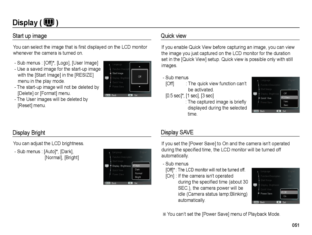 Samsung EC-PL60ZOBP/FR, EC-PL60ZPBP/FR, EC-PL60ZBBP/FR manual Start up image, Quick view, Display Bright Display Save 