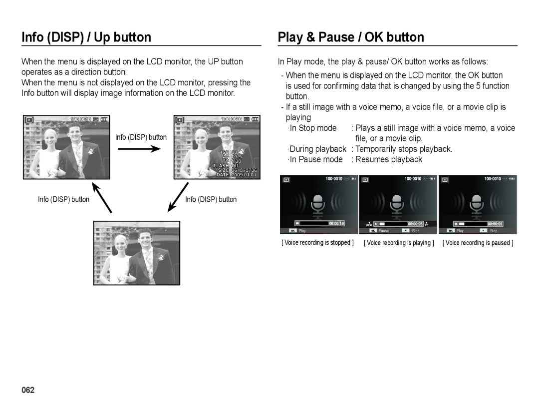 Samsung EC-PL60ZEBP/SA manual Play & Pause / OK button, File, or a movie clip, Temporarily stops playback, Resumes playback 