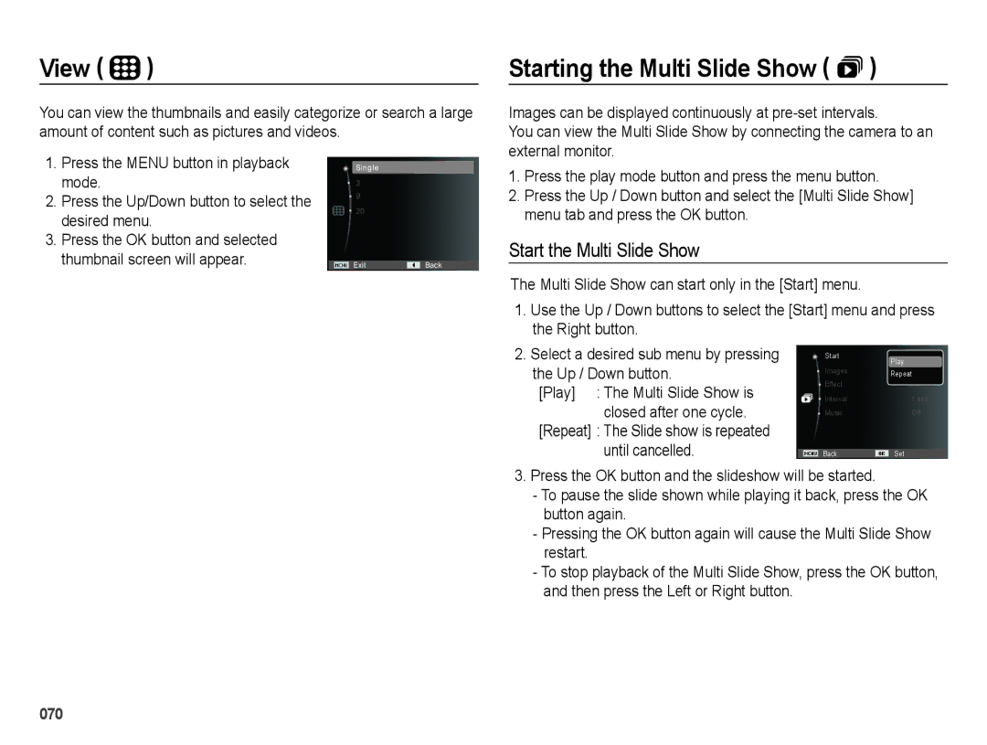 Samsung EC-PL60ZODP/ME, EC-PL60ZPBP/FR, EC-PL60ZBBP/FR View, Starting the Multi Slide Show , Start the Multi Slide Show 