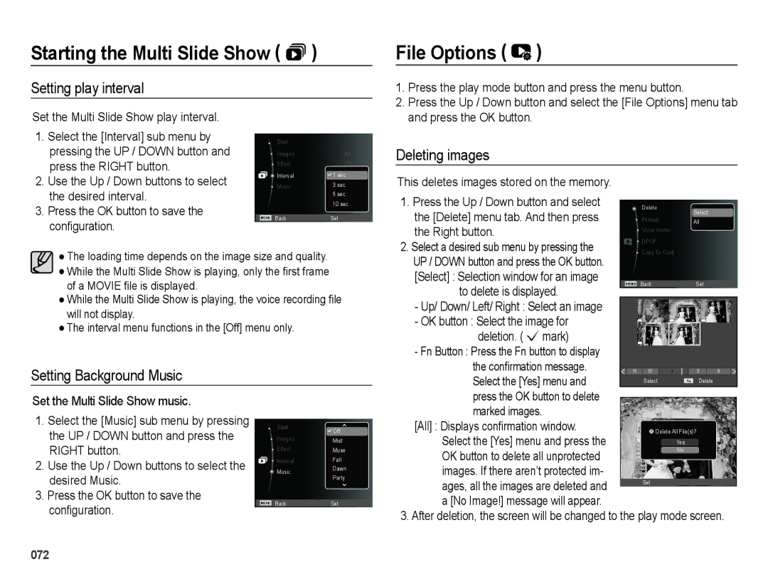 Samsung EC-PL60ZNDP/ME, EC-PL60ZPBP/FR manual File Options, Setting play interval, Deleting images, Setting Background Music 