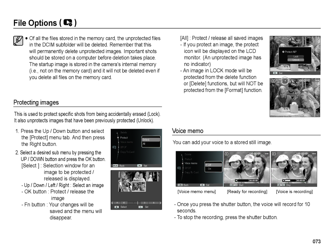 Samsung EC-PL60ZPBP/VN, EC-PL60ZPBP/FR, EC-PL60ZBBP/FR, EC-PL60ZSBP/FR, EC-PL60ZABP/FR manual Protecting images, Voice memo 