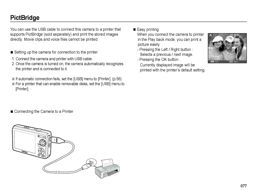 Samsung EC-PL60ZABP/VN, EC-PL60ZPBP/FR, EC-PL60ZBBP/FR, EC-PL60ZSBP/FR, EC-PL60ZABP/FR, EC-PL60ZOBP/FR manual PictBridge 