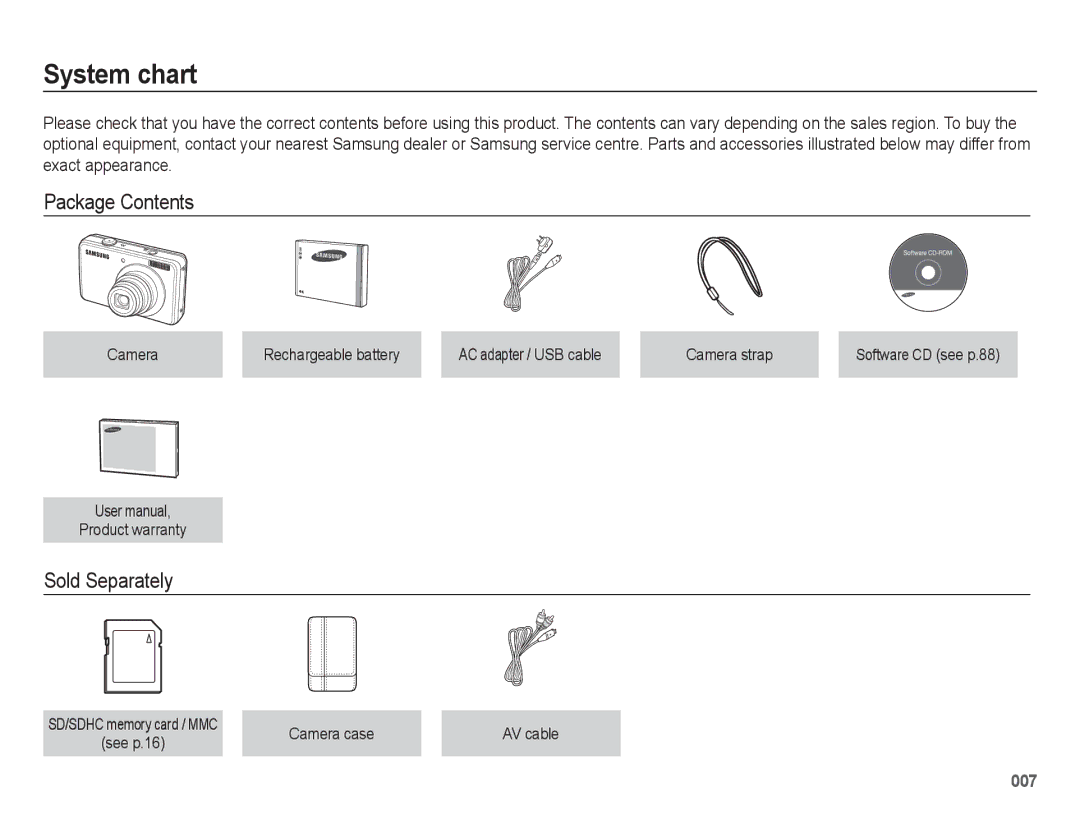 Samsung EC-PL60ZSBA/IT, EC-PL60ZPBP/FR, EC-PL60ZBBP/FR, EC-PL60ZSBP/FR manual System chart, Package Contents, Sold Separately 