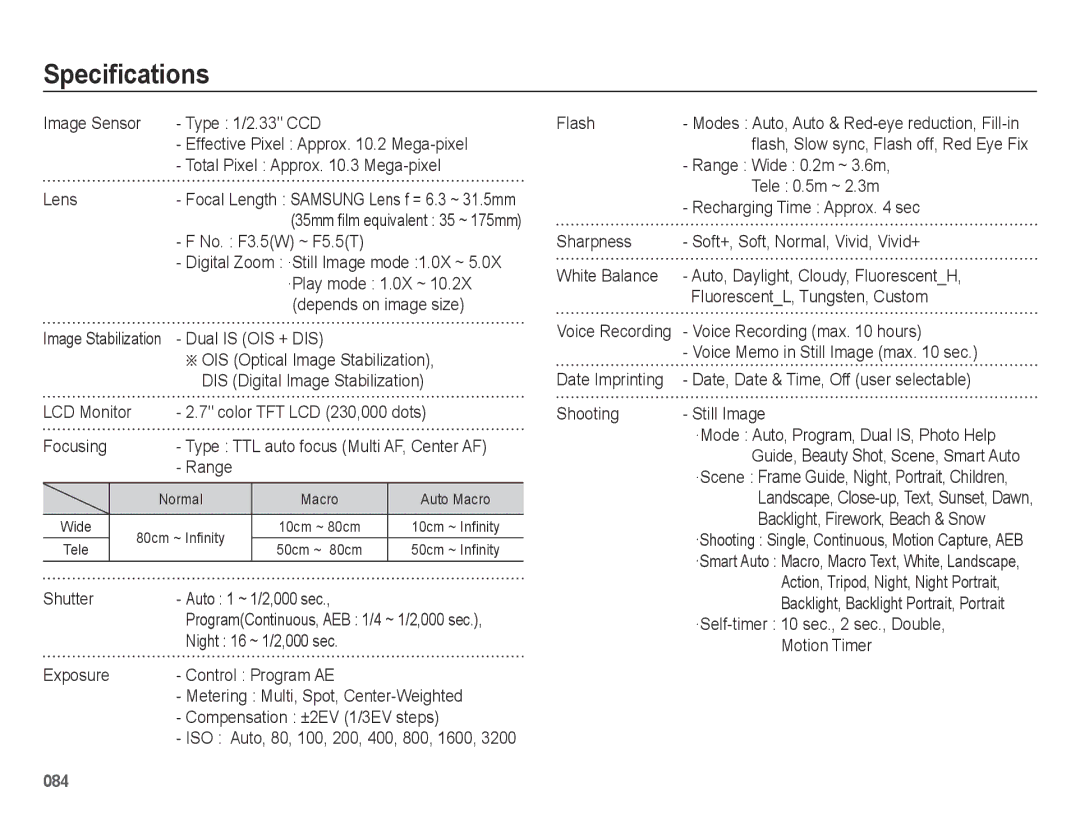 Samsung EC-PL60ZABP/E2, EC-PL60ZPBP/FR, EC-PL60ZBBP/FR, EC-PL60ZSBP/FR, EC-PL60ZABP/FR, EC-PL60ZOBP/FR manual Specifications 