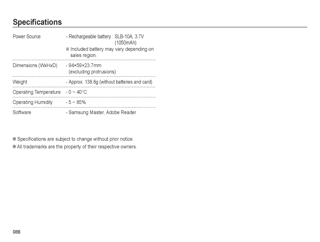 Samsung EC-PL60ZPBP/E2 Power Source, 1050mAh, Sales region, Dimensions WxHxD 94×59×23.7mm Excluding protrusions Weight 