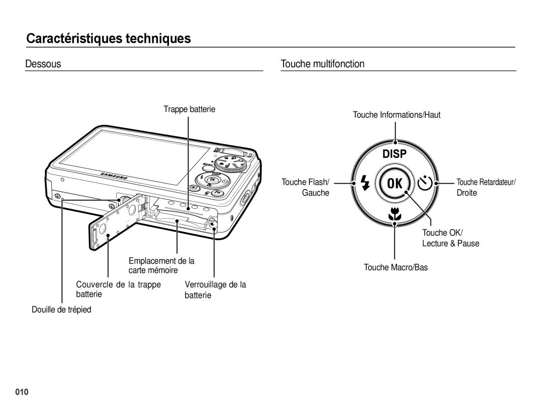 Samsung EC-PL60ZBBP/FR Dessous Touche multifonction, Trappe batterie Touche Informations/Haut, Batterie Douille de trépied 