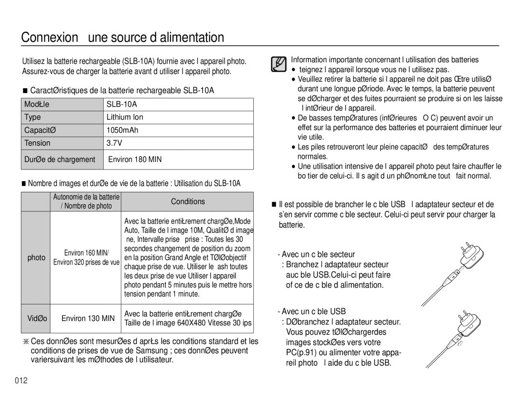 Samsung EC-PL60ZABP/FR manual Connexion à une source d’alimentation, Caractéristiques de la batterie rechargeable SLB-10A 