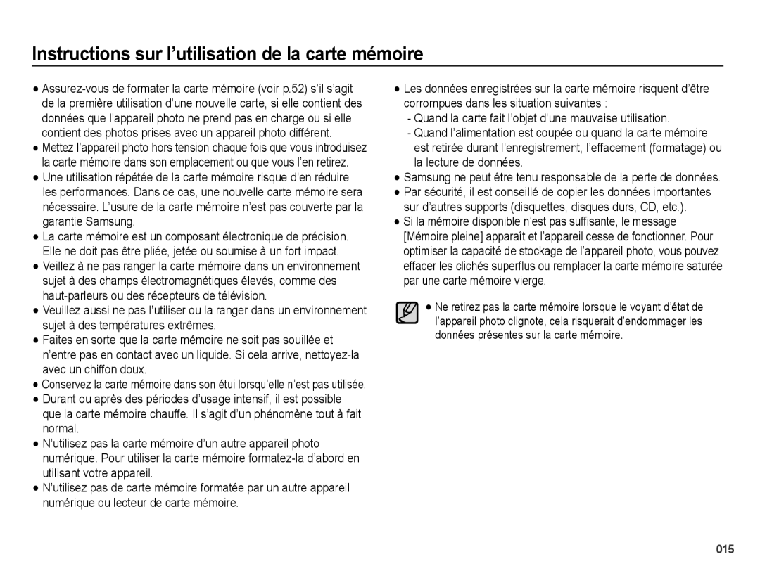 Samsung EC-PL60ZBBP/FR, EC-PL60ZPBP/FR, EC-PL60ZSBP/FR, EC-PL60ZABP/FR Instructions sur l’utilisation de la carte mémoire 