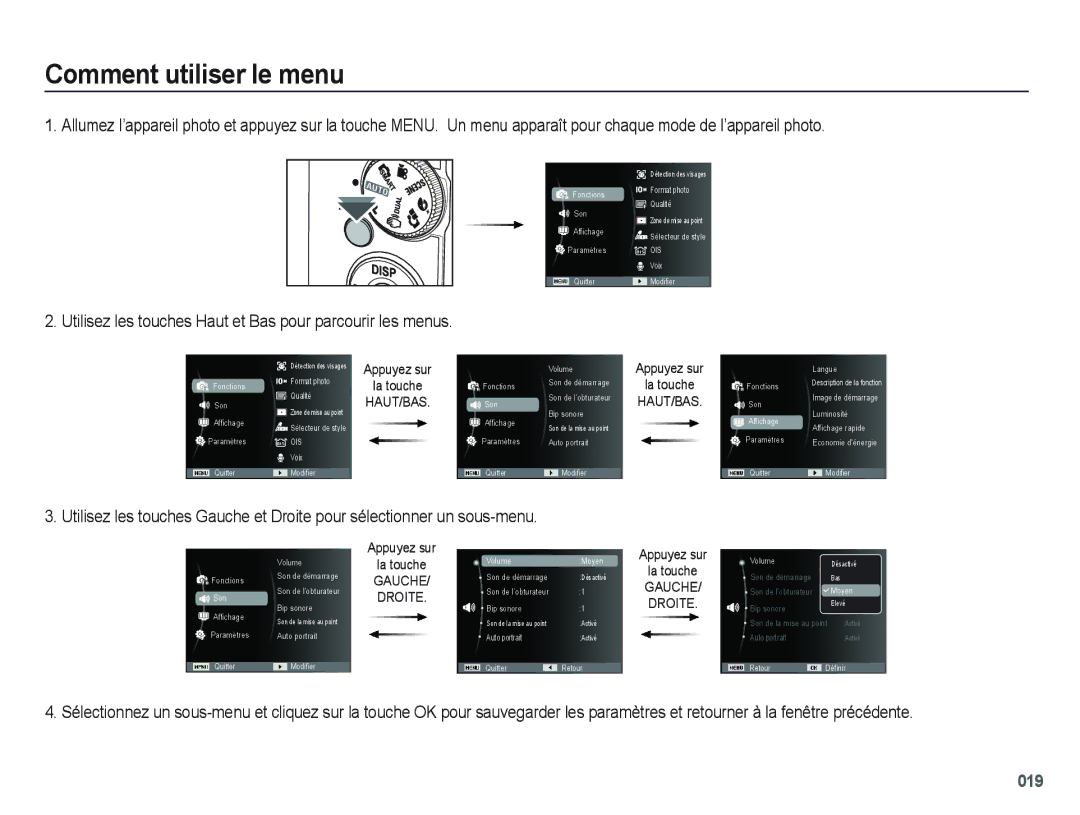 Samsung EC-PL60ZPBP/FR, EC-PL60ZBBP/FR Comment utiliser le menu, Utilisez les touches Haut et Bas pour parcourir les menus 