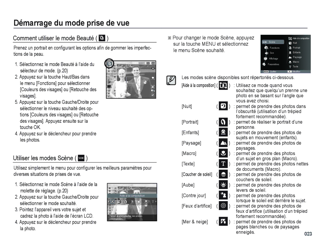 Samsung EC-PL60ZOBP/FR manual Comment utiliser le mode Beauté, Utiliser les modes Scène, Sur la touche Menu et sélectionnez 