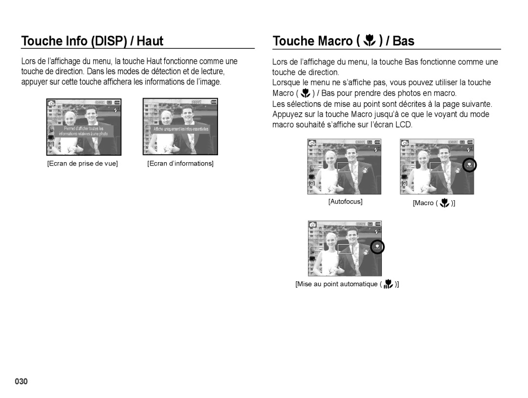 Samsung EC-PL60ZBBP/FR, EC-PL60ZPBP/FR, EC-PL60ZSBP/FR, EC-PL60ZABP/FR manual Touche Info Disp / Haut, Touche Macro / Bas 