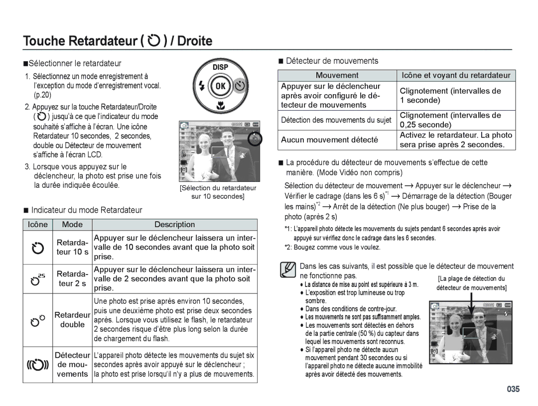 Samsung EC-PL60ZBBP/FR manual Sélectionner le retardateur, Indicateur du mode Retardateur, Détecteur de mouvements 