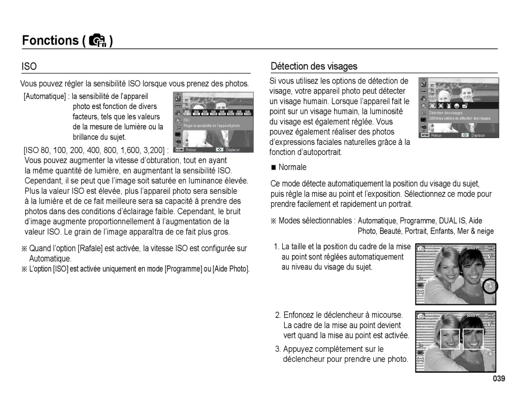 Samsung EC-PL60ZPBP/FR, EC-PL60ZBBP/FR Détection des visages, Photo est fonction de divers, Brillance du sujet, Normale 