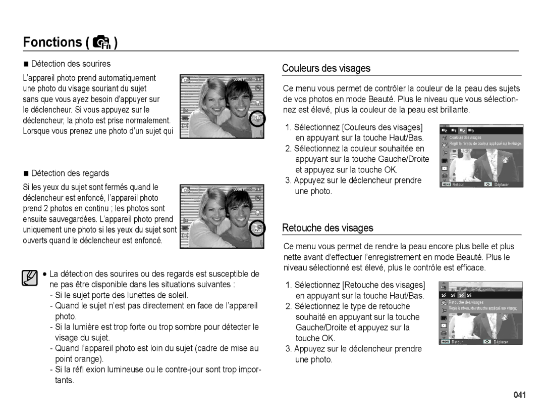 Samsung EC-PL60ZSBP/FR, EC-PL60ZPBP/FR, EC-PL60ZBBP/FR Couleurs des visages, Retouche des visages, Détection des sourires 