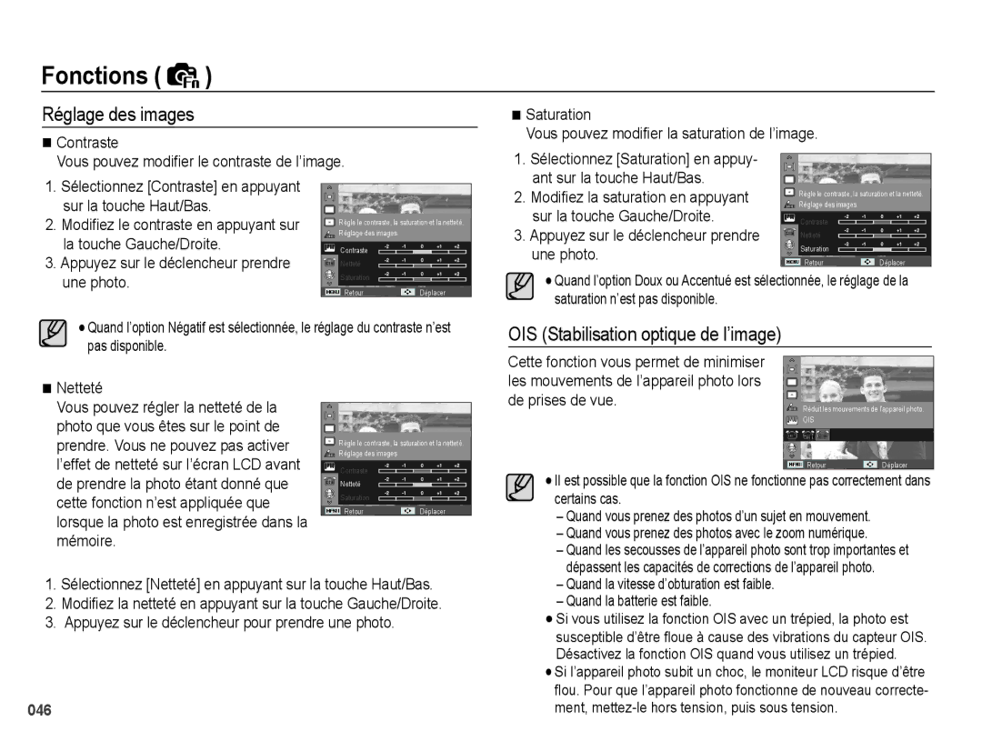 Samsung EC-PL60ZSBP/FR, EC-PL60ZPBP/FR, EC-PL60ZBBP/FR manual Réglage des images, OIS Stabilisation optique de l’image 