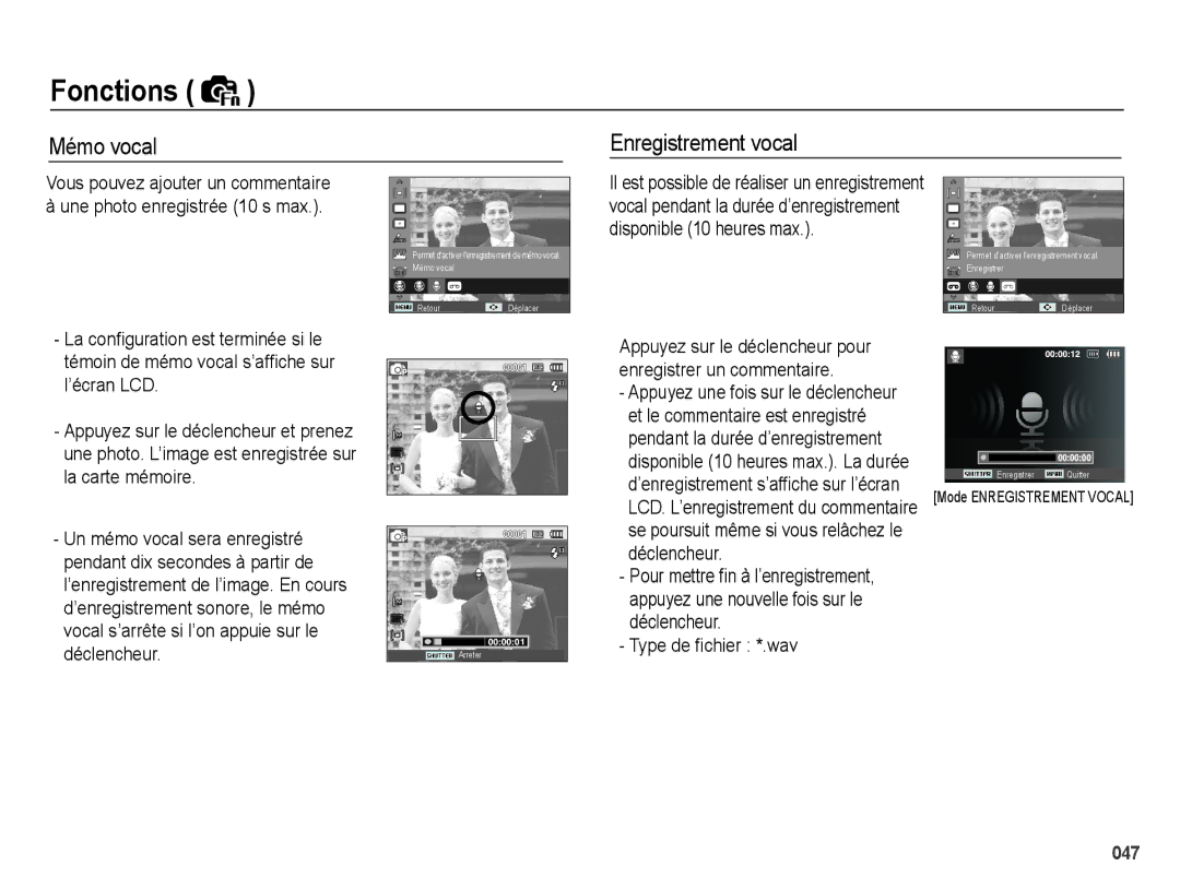Samsung EC-PL60ZABP/FR, EC-PL60ZPBP/FR, EC-PL60ZBBP/FR, EC-PL60ZSBP/FR, EC-PL60ZOBP/FR manual Mémo vocal Enregistrement vocal 