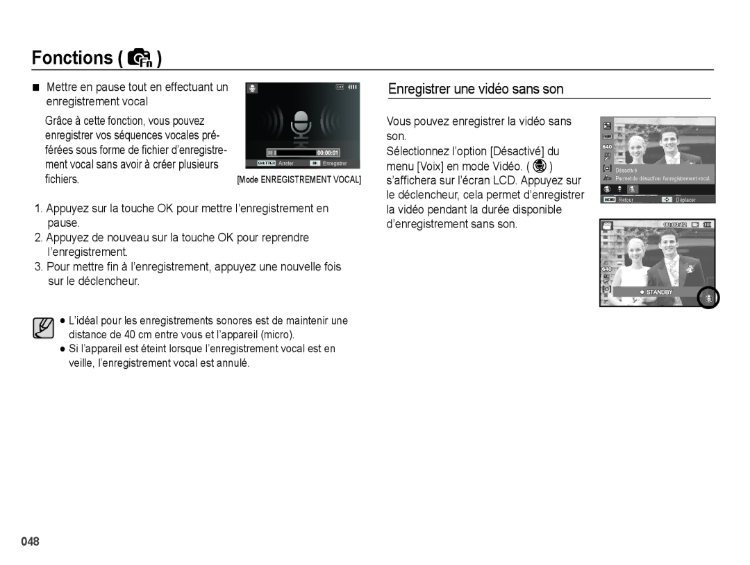 Samsung EC-PL60ZOBP/FR, EC-PL60ZPBP/FR, EC-PL60ZBBP/FR, EC-PL60ZSBP/FR manual Vous pouvez enregistrer la vidéo sans son 