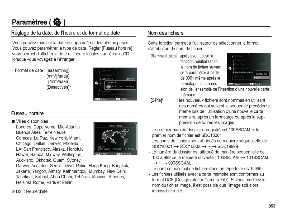 Samsung EC-PL60ZOBP/FR manual Réglage de la date, de l’heure et du format de date, Fuseau horaire, Nom des ﬁchiers 