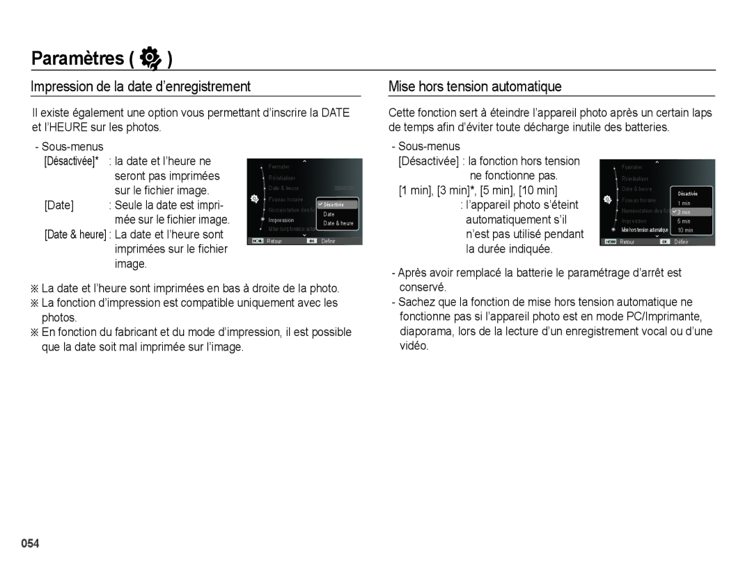 Samsung EC-PL60ZPBP/FR, EC-PL60ZBBP/FR manual Impression de la date d’enregistrement, Mise hors tension automatique 