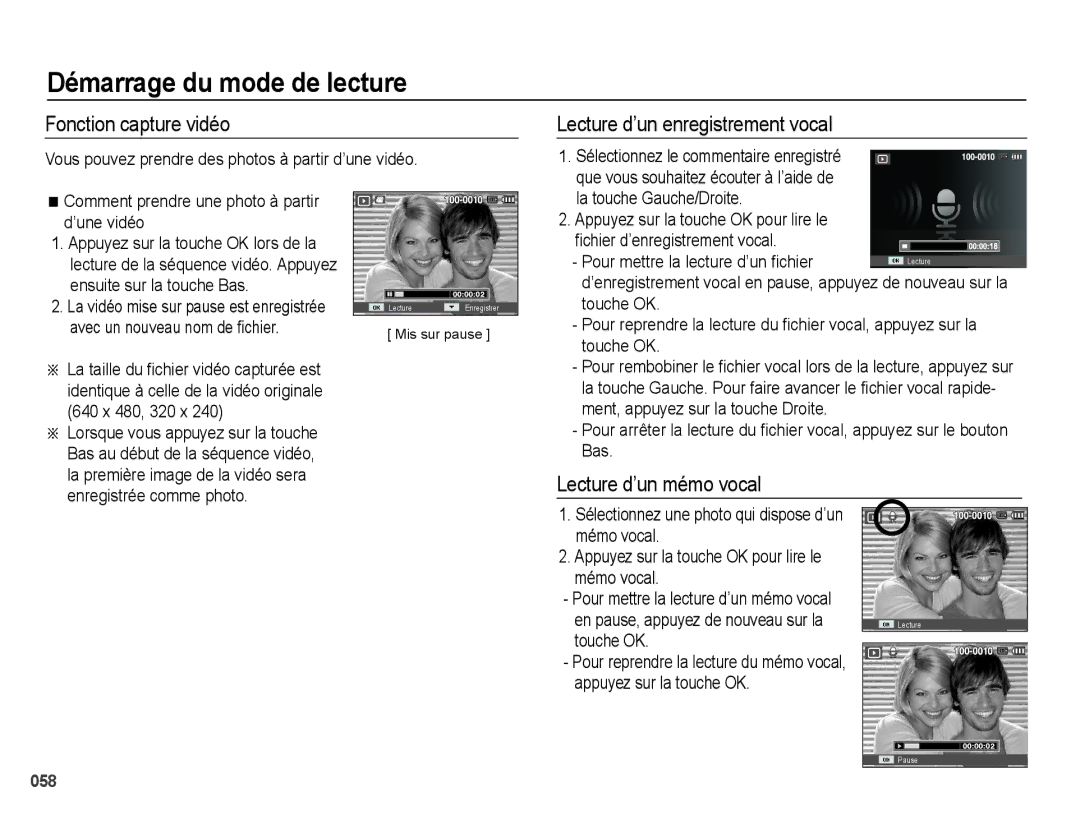 Samsung EC-PL60ZOBP/FR, EC-PL60ZPBP/FR Fonction capture vidéo, Lecture d’un enregistrement vocal, Lecture d’un mémo vocal 