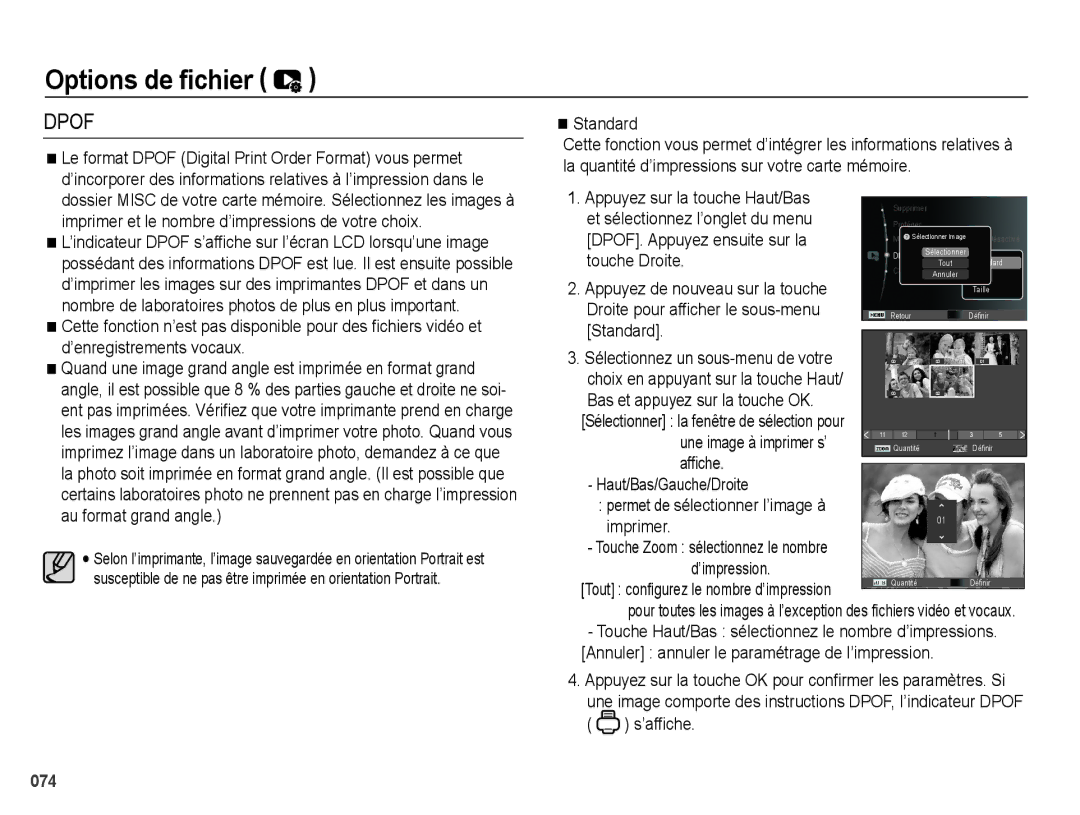 Samsung EC-PL60ZPBP/FR manual Standard, Appuyez sur la touche Haut/Bas, Et sélectionnez l’onglet du menu, Imprimer 