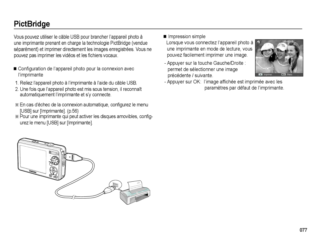 Samsung EC-PL60ZABP/FR, EC-PL60ZPBP/FR, EC-PL60ZBBP/FR, EC-PL60ZSBP/FR PictBridge, Impression simple, Précédente / suivante 