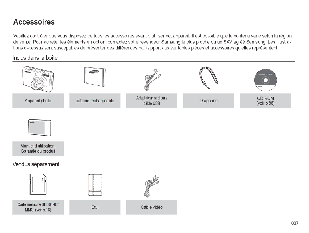 Samsung EC-PL60ZABP/FR, EC-PL60ZPBP/FR, EC-PL60ZBBP/FR, EC-PL60ZSBP/FR Accessoires, Inclus dans la boîte, Vendus séparément 