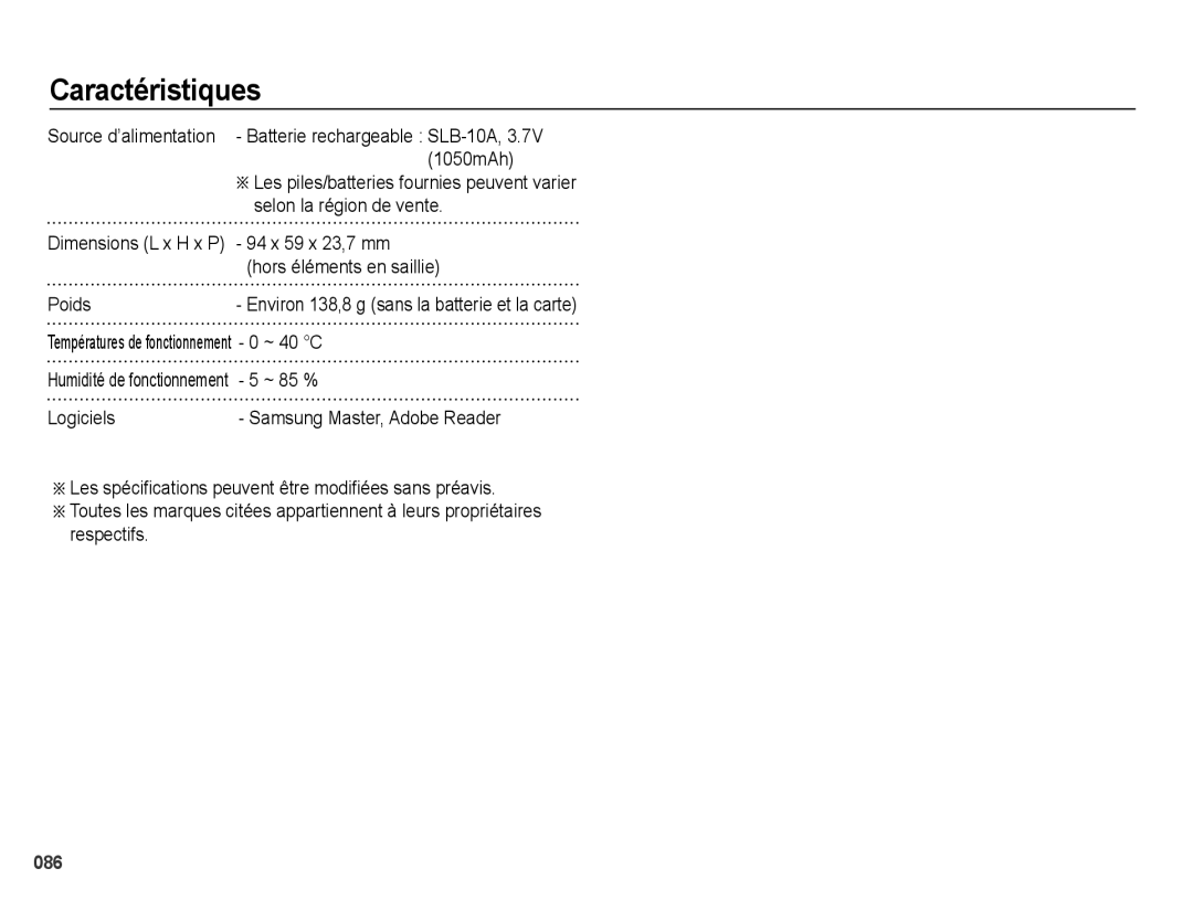 Samsung EC-PL60ZSBP/FR manual 1050mAh, Selon la région de vente, 94 x 59 x 23,7 mm, Hors éléments en saillie, Poids, ~ 85 % 