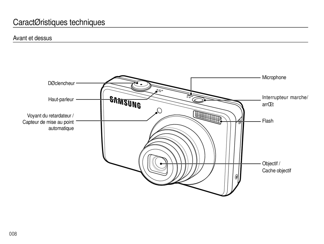 Samsung EC-PL60ZOBP/FR, EC-PL60ZPBP/FR manual Caractéristiques techniques, Avant et dessus, Déclencheur Haut-parleur 