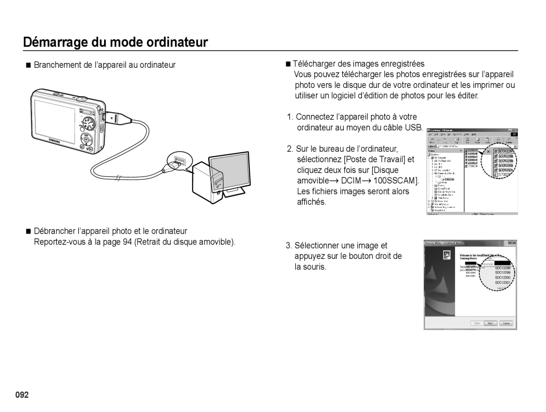 Samsung EC-PL60ZABP/FR manual Branchement de l’appareil au ordinateur, Télécharger des images enregistrées, La souris 