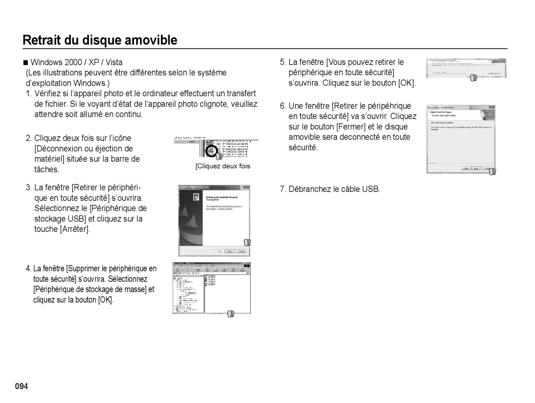 Samsung EC-PL60ZPBP/FR manual Retrait du disque amovible, Matériel située sur la barre de Tâches, Débranchez le câble USB 