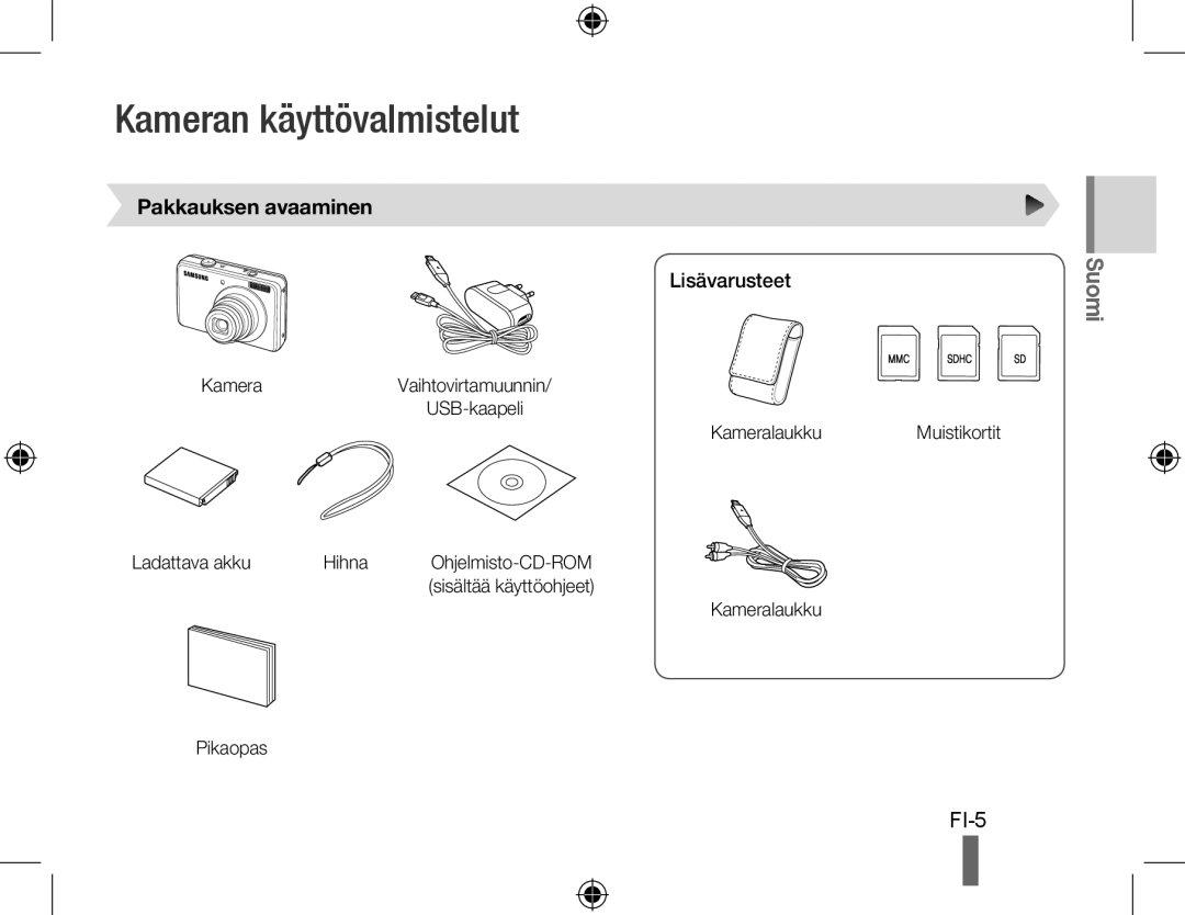 Samsung EC-PL60ZEBP/SA, EC-PL60ZPBP/FR manual Kameran käyttövalmistelut, Pakkauksen avaaminen, Lisävarusteet, Suomi, Fi- 