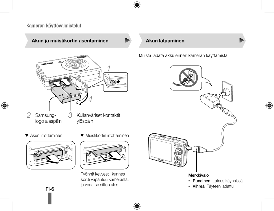 Samsung EC-PL60ZABP/ME Kameran käyttövalmistelut, Akun ja muistikortin asentaminen, Samsung, logo alaspäin, ylöspäin, Fi- 