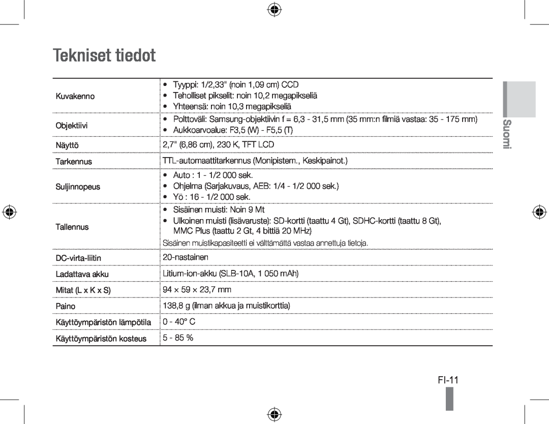 Samsung EC-PL60ZSDP/ME, EC-PL60ZPBP/FR, EC-PL60ZBBP/FR, EC-PL60ZSBP/FR, EC-PL60ZABP/FR manual Tekniset tiedot, FI-11, Suomi 