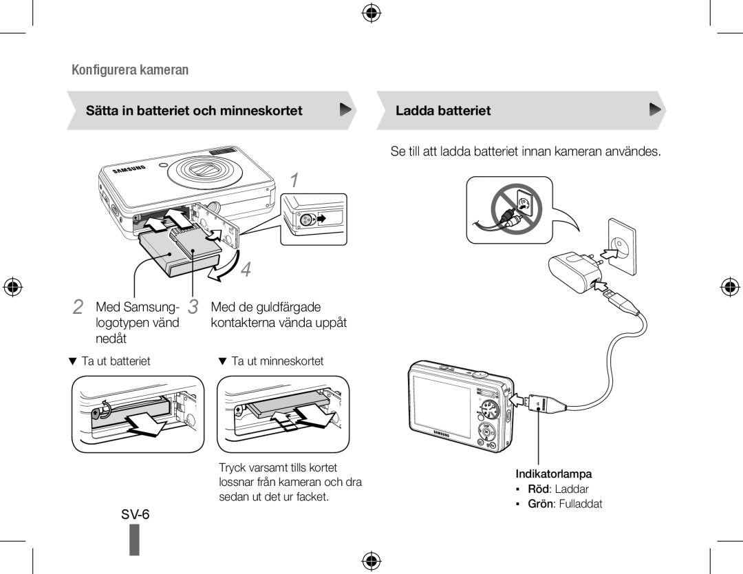 Samsung EC-PL60ZPBP/VN Konfigurera kameran, Sätta in batteriet och minneskortet, Med Samsung- 3 Med de guldfärgade, Sv- 