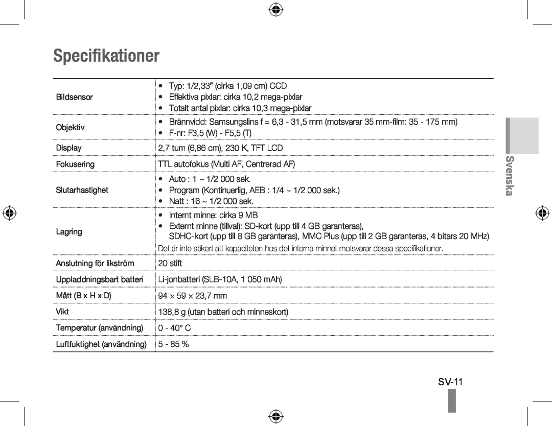 Samsung EC-PL60ZBBP/VN, EC-PL60ZPBP/FR, EC-PL60ZBBP/FR, EC-PL60ZSBP/FR, EC-PL60ZABP/FR manual Specifikationer, SV-11, Svenska 