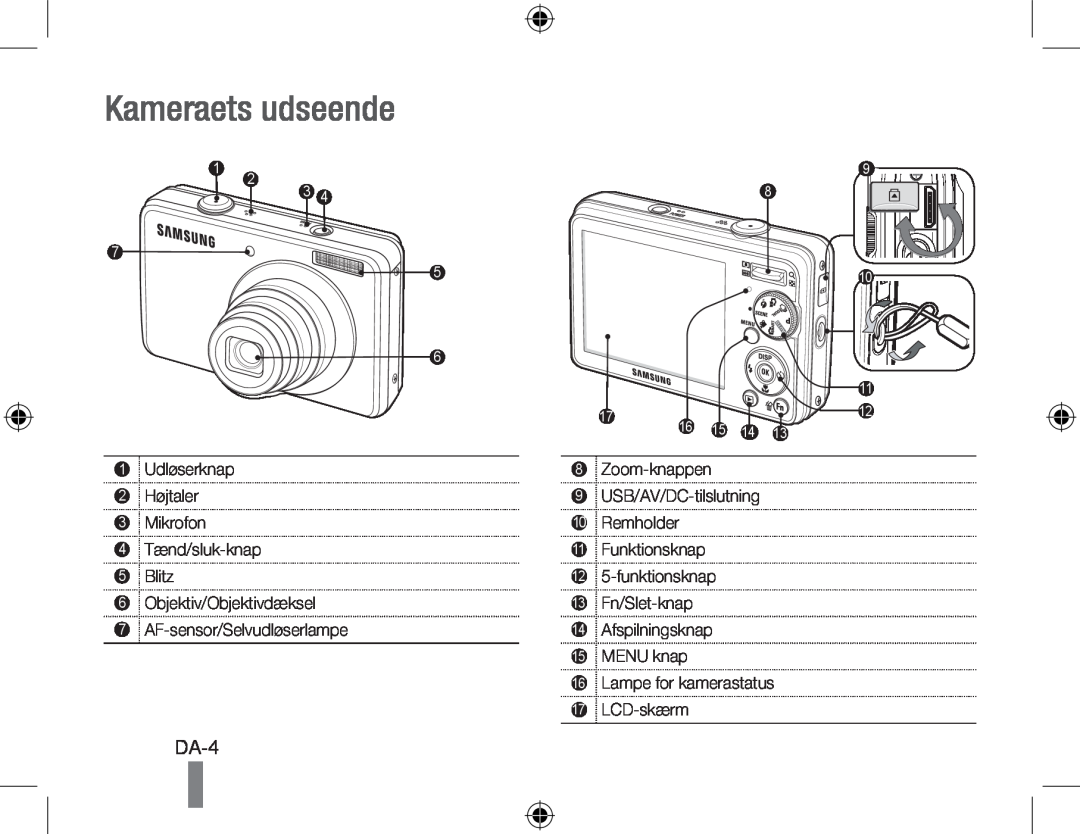 Samsung EC-PL60ZPBP/E3 Kameraets udseende, Da-, 1 Udløserknap 2 Højtaler 3 Mikrofon 4 Tænd/sluk-knap 5 Blitz, LCD-skærm 