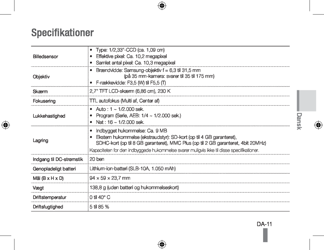 Samsung EC-PL60ZPBP/RU, EC-PL60ZPBP/FR, EC-PL60ZBBP/FR, EC-PL60ZSBP/FR, EC-PL60ZABP/FR manual DA-11, Specifikationer, Dansk 