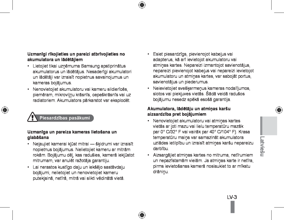 Samsung EC-PL60ZPBP/IT manual Latviešu, Piesardzības pasākumi, Uzmanīga un pareiza kameras lietošana un glabāšana, Lv- 