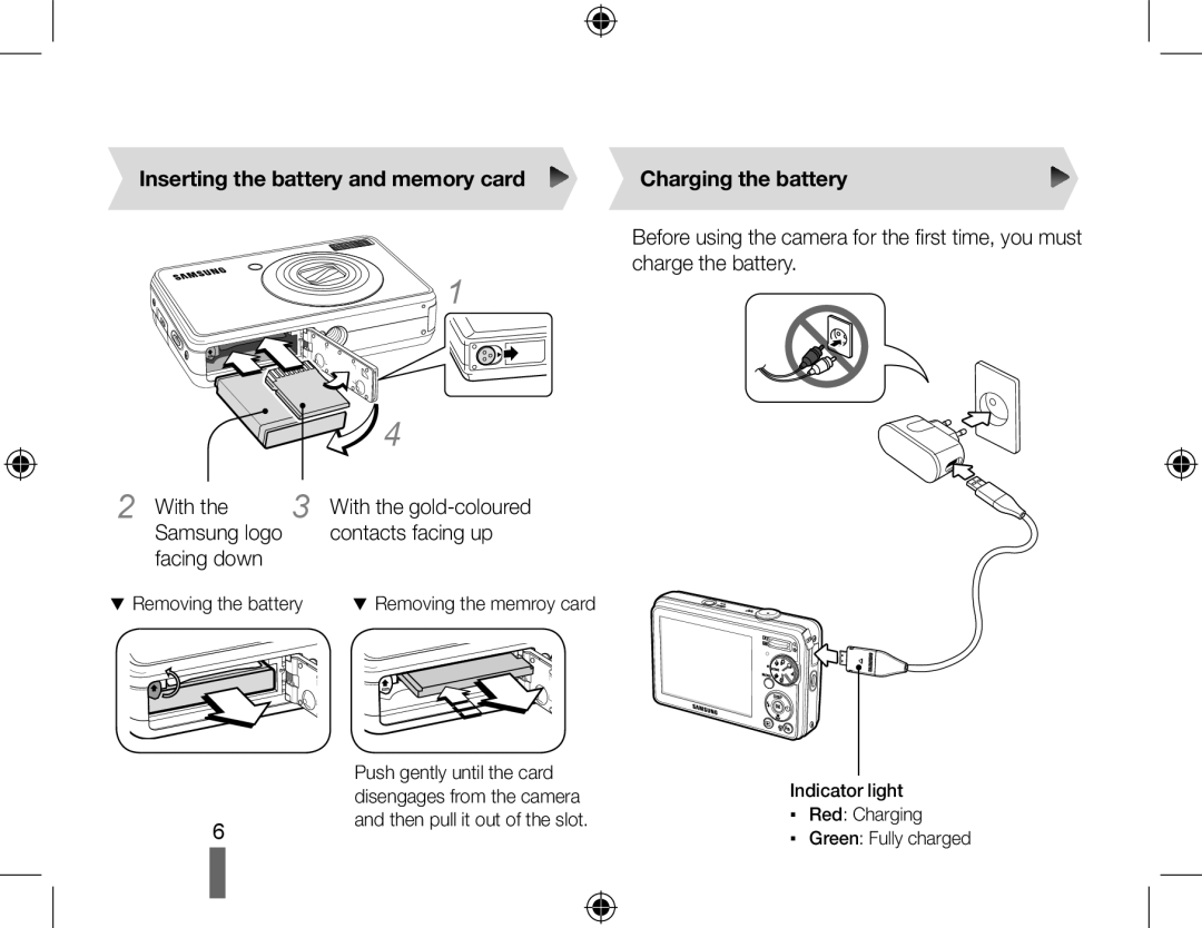 Samsung EC-PL60ZABP/IT, EC-PL60ZPBP/FR Inserting the battery and memory card, With the, facing down, Charging the battery 