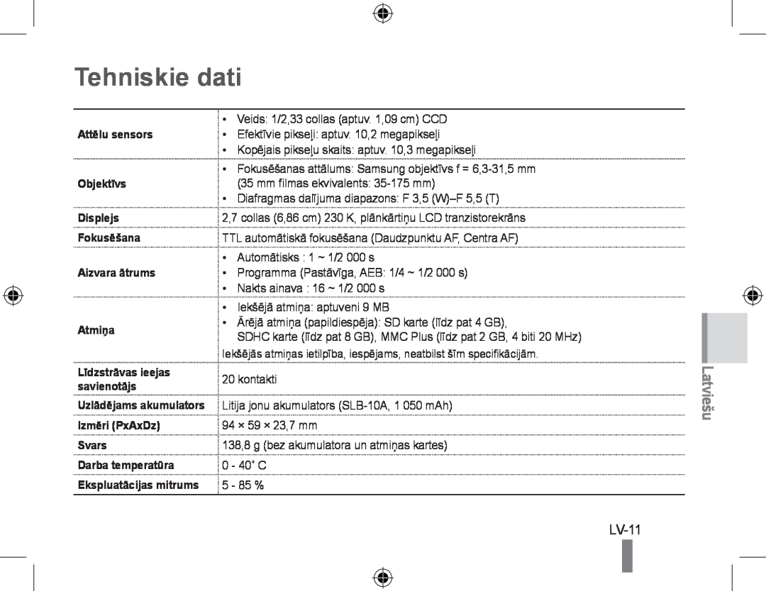 Samsung EC-PL60ZABP/E1 Tehniskie dati, LV-11, Attēlu sensors Objektīvs Displejs Fokusēšana Aizvara ātrums Atmiņa, Svars 