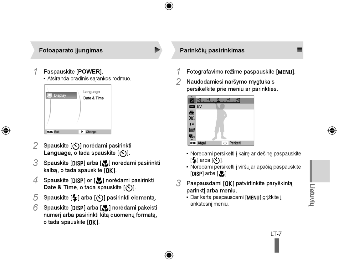 Samsung EC-PL60ZSBP/ME, EC-PL60ZPBP/FR manual Fotoaparato įjungimas, Paspauskite POWER, Parinkčių pasirinkimas, Lt- 
