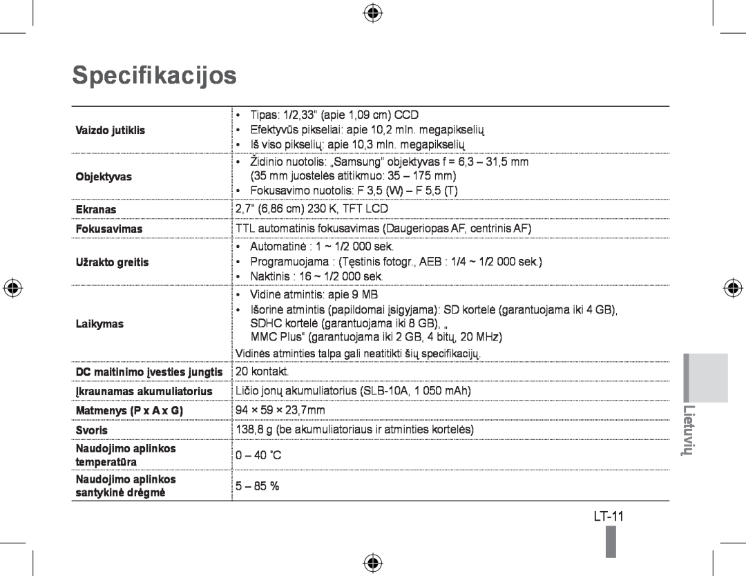 Samsung EC-PL60ZODP/ME Specifikacijos, LT-11, Vaizdo jutiklis Objektyvas Ekranas Fokusavimas Užrakto greitis, Laikymas 